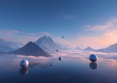 Surreal Mountain Landscape with Floating Spheres