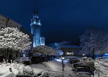 Winter Night Cityscape with Tower, Bielsko Biala, Poland