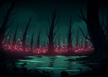 Eerie Forest with Glowing Lights