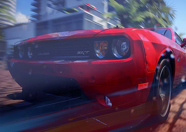 Red Dodge Challenger SRT in motion