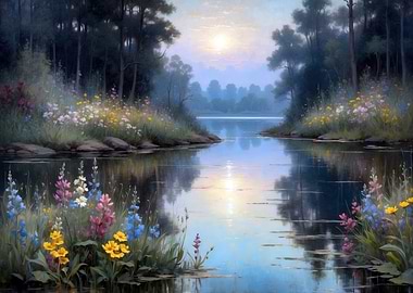 Serene Lakeside Meadow with Floral Reflections
