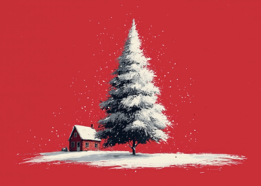 Minimalistic Winter Scene with House and Tree