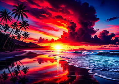 Tropical Beach Sunset with Palm Trees