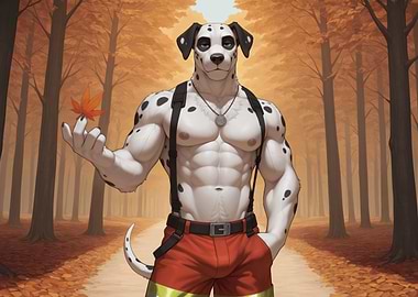 Furry Dalmatian Firefighter in Autumn Forest