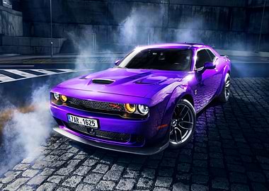 Purple Dodge Challenger on Cobblestone Street