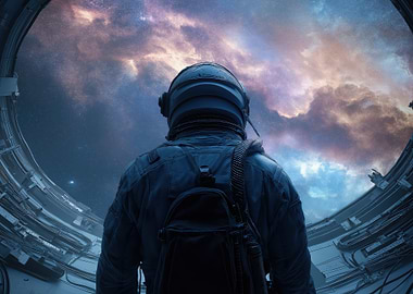 Astronaut Gazing at Nebula from Spacecraft
