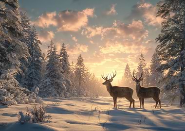Deer in Winter Forest at Sunset