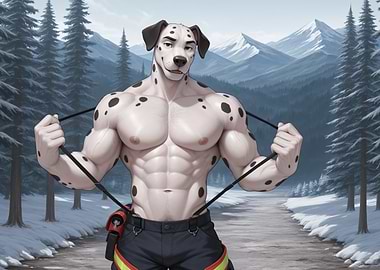 Furry Dalmatian Firefighter in Snowy Landscape