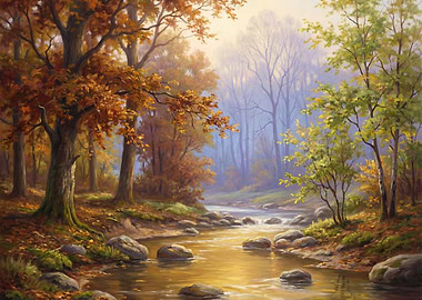 Autumn Forest Stream Landscape Painting