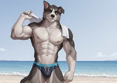 Muscular Furry Husky on Beach