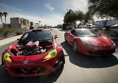 Red Toyota and Ferrari on Road