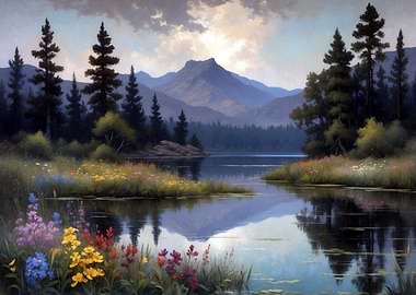 Serene Mountain Lake Landscape Painting