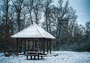 Snowy Gazebo in Winter Forest