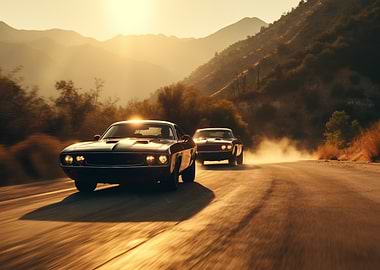 Two classic cars on road