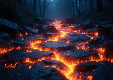 Lava River Through Dark Forest