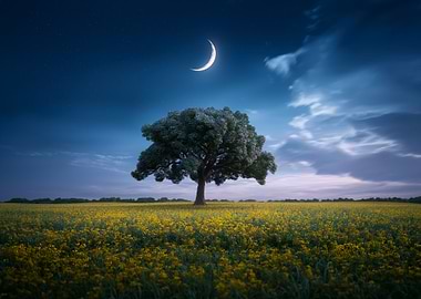 Night Field with Tree and Moon