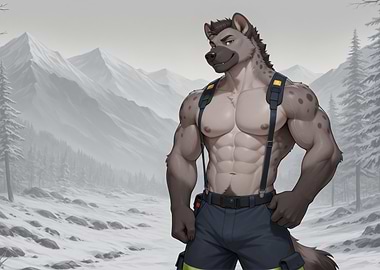 Muscular Anthro Hyena Firefighter in Snowy Landscape