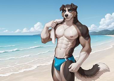 Muscular Furry Dog on Beach