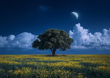 Night Landscape with Tree and Moon