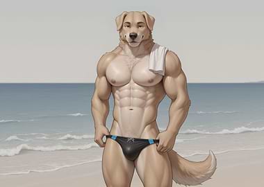 Muscular Furry Dog on Beach
