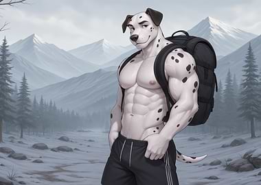 Dalmatian Anthro Hiker in Snowy Mountains