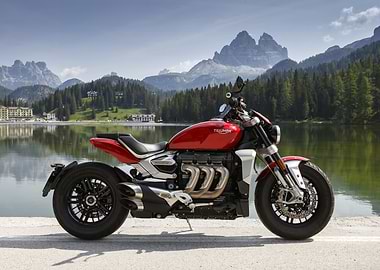 Red Triumph Motorcycle by Lake Misurina