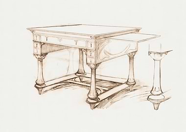 Antique Desk Sketch, alphonse mucha art