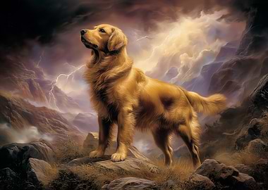 Golden Retriever in Stormy Landscape