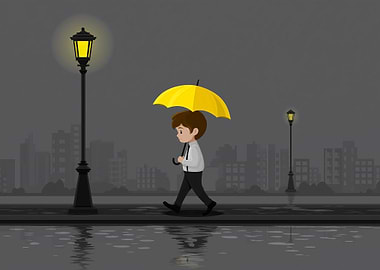Rainy Day Walk with Yellow Umbrella