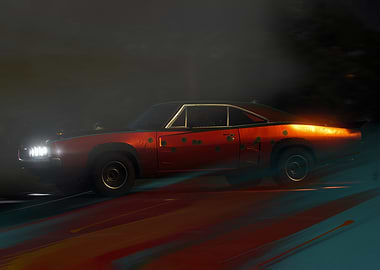 Red Muscle Car in Motion
