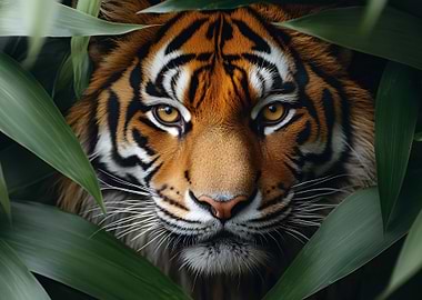 Tiger portrait in lush foliage