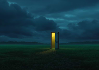Open Door in Field at Night