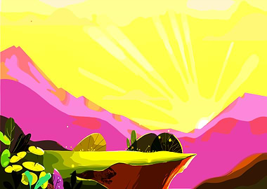 Colorful Mountain Landscape with Bright Sun