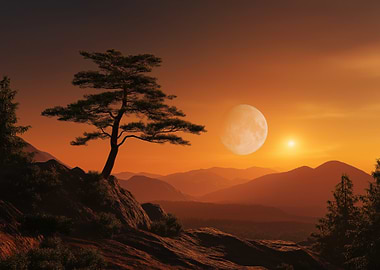 Sunset Mountain Landscape with Tree