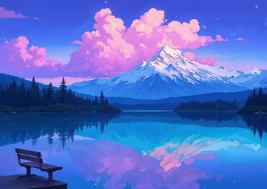 Mountain Lake with Bench Landscape