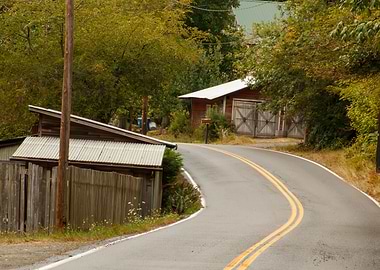 Curvy Road with Sheds and Trees
