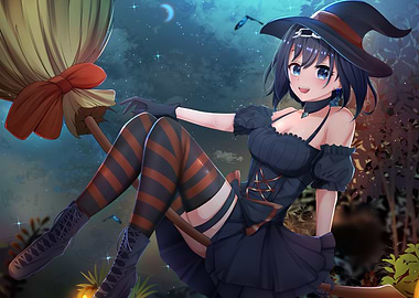 Anime Witch on Broomstick