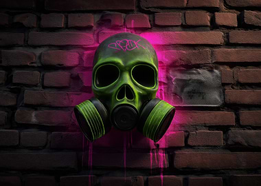 Green Gas Mask Skull on Brick Wall
