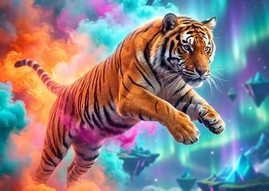 Leaping Tiger in Colorful Dreamscape