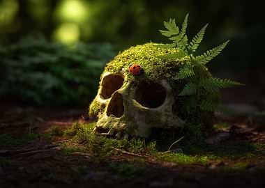 Mossy Skull with Ladybug in Forest