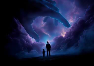 Father and Child Under Giant Hand
