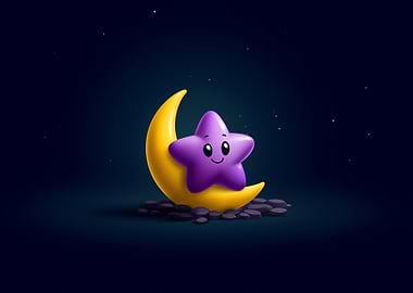 Cute Star on Moon Cartoon Illustration