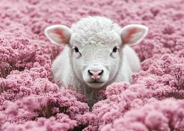 Lamb in a field of pink