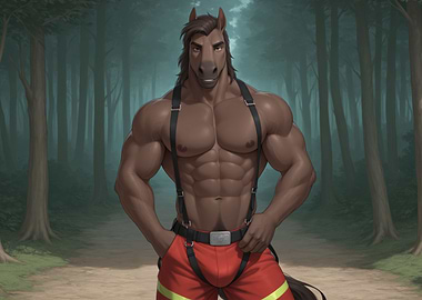 Muscular Horse Anthro Firefighter in Forest