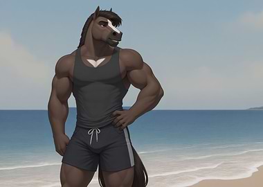 Muscular Anthro Horse on Beach