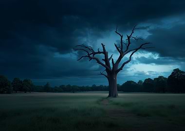 Lone Tree Under Stormy Sky
