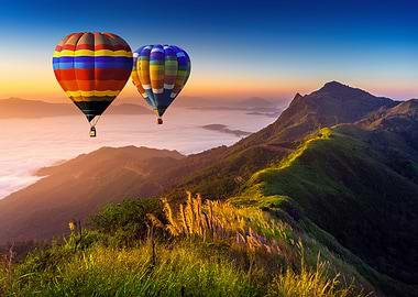 Hot Air Balloons Over Mountain Landscape