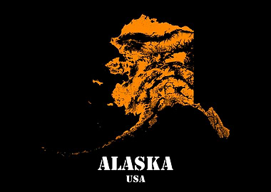 Alaska USA State Minimalist Black Orange Topographic Contour Relief Map featuring terrain in orange color