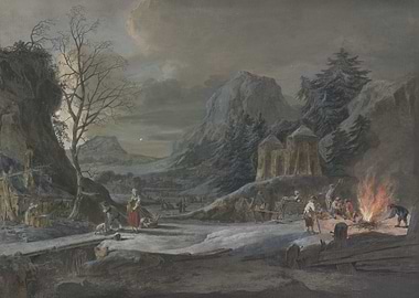 Winter Landscape with Figures by Fire