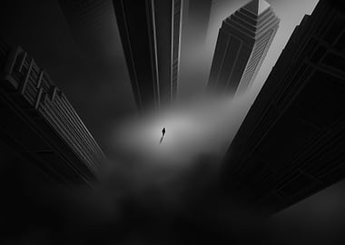 Monochrome Cityscape with Figure in Fog